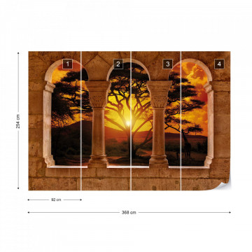 Africa Sunset Tree Silhouette View Through Stone Arches Photo Wallpaper Wall Mural