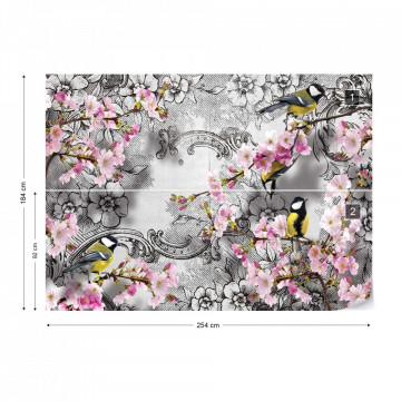 Birds And Cherry Blossom Flowers Vintage Design Photo Wallpaper Wall Mural