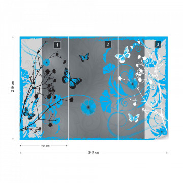 Flowers And Butterflies Modern Design Blue Photo Wallpaper Wall Mural
