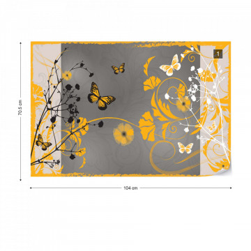 Flowers And Butterflies Modern Design Yellow Photo Wallpaper Wall Mural