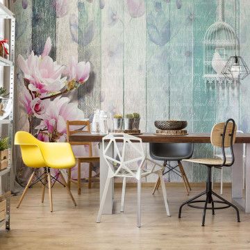 Flowers Vintage Script Rustic Painted Wood Planks Photo Wallpaper Wall Mural