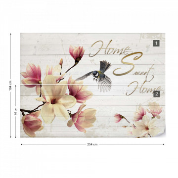 Magnolia Flowers Wood Planks "Home Sweet Home" Photo Wallpaper Wall Mural