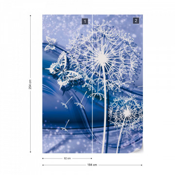 Modern Butterflies And Dandelions Blue Photo Wallpaper Wall Mural