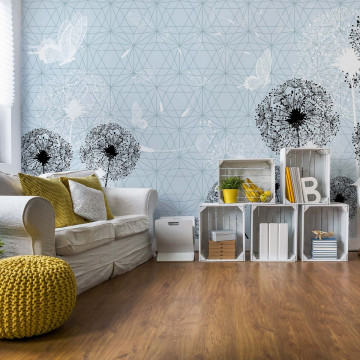 Modern Dandelions And Butterflies Design Light Lue Photo Wallpaper Wall Mural