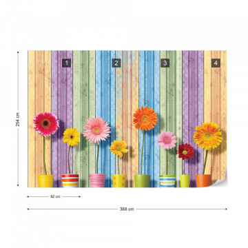 Sunny Flowers And Colourful Wood Planks Photo Wallpaper Wall Mural