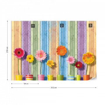 Sunny Flowers And Colourful Wood Planks Photo Wallpaper Wall Mural