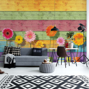 Sunny Flowers And Colourful Wood Planks Photo Wallpaper Wall Mural