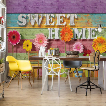 Sunny Flowers And Colourful Wood Planks "Sweet Home" Photo Wallpaper Wall Mural