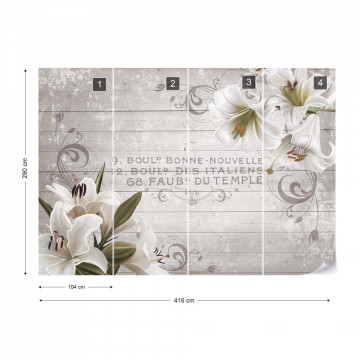 Vintage Chic Flowers Wood Planks French Script Photo Wallpaper Wall Mural