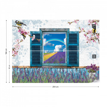 Vintage Design Window View Lavender Fields Photo Wallpaper Wall Mural