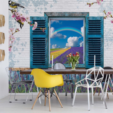Vintage Design Window View Lavender Fields Photo Wallpaper Wall Mural