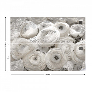 White Peonies Vintage Script Black And White Photo Wallpaper Wall Mural