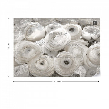 White Peonies Vintage Script Black And White Photo Wallpaper Wall Mural