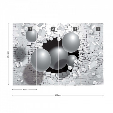 3D Balls Bursting Through Brick Wall Photo Wallpaper Wall Mural