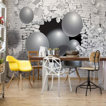 3D Balls Bursting Through Brick Wall Photo Wallpaper Wall Mural