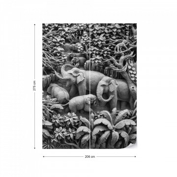 3D Carved Wood Jungle Elephants Black And White Photo Wallpaper Wall Mural