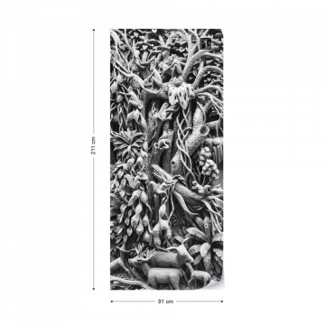 3D Carved Wood Jungle Elephants Black And White Photo Wallpaper Wall Mural