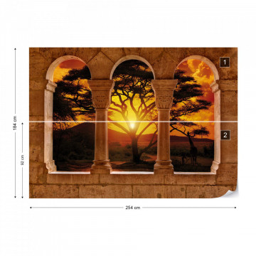 Africa Sunset Tree Silhouette View Through Stone Arches Photo Wallpaper Wall Mural
