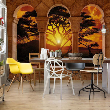 Africa Sunset Tree Silhouette View Through Stone Arches Photo Wallpaper Wall Mural
