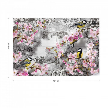 Birds And Cherry Blossom Flowers Vintage Design Photo Wallpaper Wall Mural
