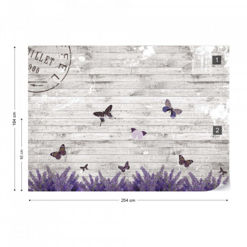 Butterflies Lavender Flowers Vintage Wood Design Photo Wallpaper Wall Mural