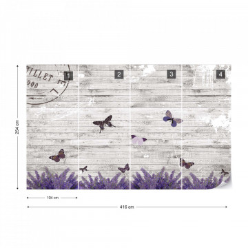 Butterflies Lavender Flowers Vintage Wood Design Photo Wallpaper Wall Mural