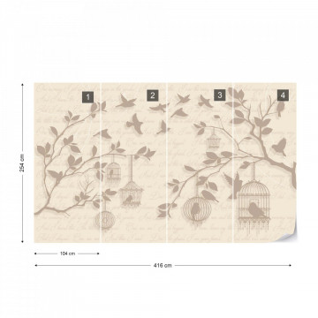 Cherry Blossom And Birds Vintage Design Yellow Photo Wallpaper Wall Mural