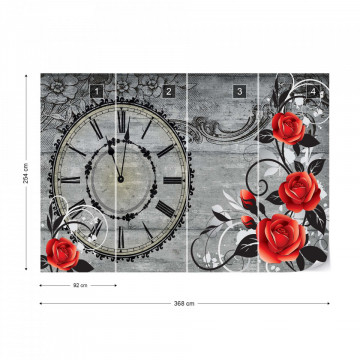 Clock And Roses Vintage Wood And Floral Design Photo Wallpaper Wall Mural