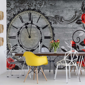 Clock And Roses Vintage Wood And Floral Design Photo Wallpaper Wall Mural