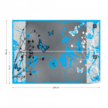 Flowers And Butterflies Modern Design Blue Photo Wallpaper Wall Mural