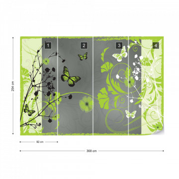 Flowers And Butterflies Modern Design Green Photo Wallpaper Wall Mural