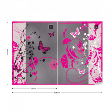 Flowers And Butterflies Modern Design Pink Photo Wallpaper Wall Mural
