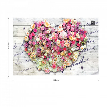 Flowers Heart Wood Planks Vintage Script Photo Wallpaper Wall Mural