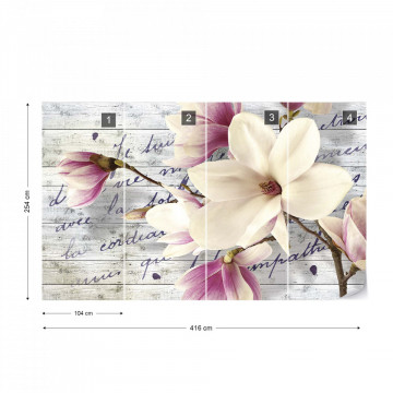 Magnolia Flowers Vintage Script Wood Texture Photo Wallpaper Wall Mural