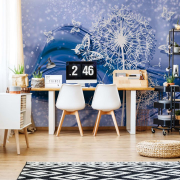 Modern Butterflies And Dandelions Blue Photo Wallpaper Wall Mural