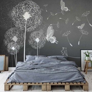Modern Dandelions And Butterflies In Grey Photo Wallpaper Wall Mural