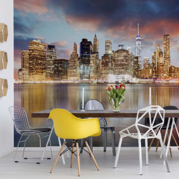 New York City Night Skyline Water Reflections Photo Wallpaper Wall Mural