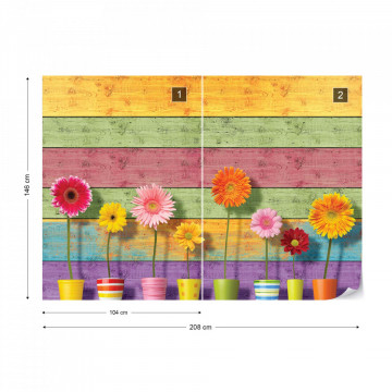 Sunny Flowers And Colourful Wood Planks Photo Wallpaper Wall Mural