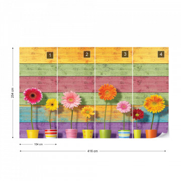 Sunny Flowers And Colourful Wood Planks Photo Wallpaper Wall Mural