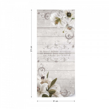 Vintage Chic Flowers Wood Planks French Script Photo Wallpaper Wall Mural