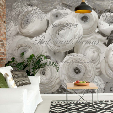 White Peonies Vintage Script Black And White Photo Wallpaper Wall Mural