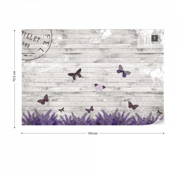 Butterflies Lavender Flowers Vintage Wood Design Photo Wallpaper Wall Mural