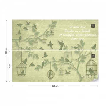 Cherry Blossom And Birds Vintage Design Green Photo Wallpaper Wall Mural
