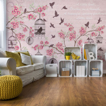 Cherry Blossom And Birds Vintage Design Pink Photo Wallpaper Wall Mural