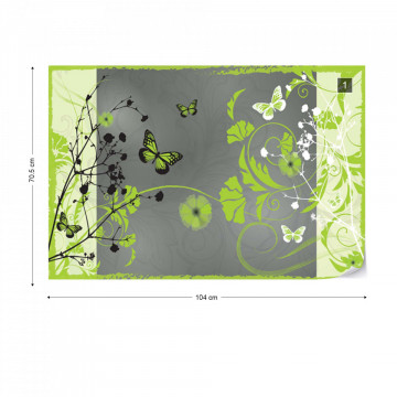 Flowers And Butterflies Modern Design Green Photo Wallpaper Wall Mural