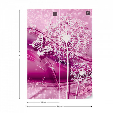 Modern Butterflies And Dandelions Pink Photo Wallpaper Wall Mural