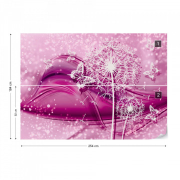 Modern Butterflies And Dandelions Pink Photo Wallpaper Wall Mural