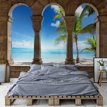 Paradise Island Beach View Through Stone Arches Photo Wallpaper Wall Mural