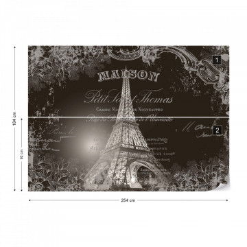 Paris Eiffel Tower Vintage Script Black And White Photo Wallpaper Wall Mural