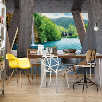 Waterfall Lake 3D Modern View Concrete Photo Wallpaper Wall Mural
